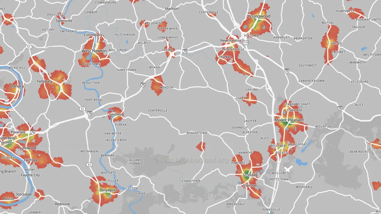 Walk Grade map of Superior, PA, walkable areas in green and car-dependent areas in red