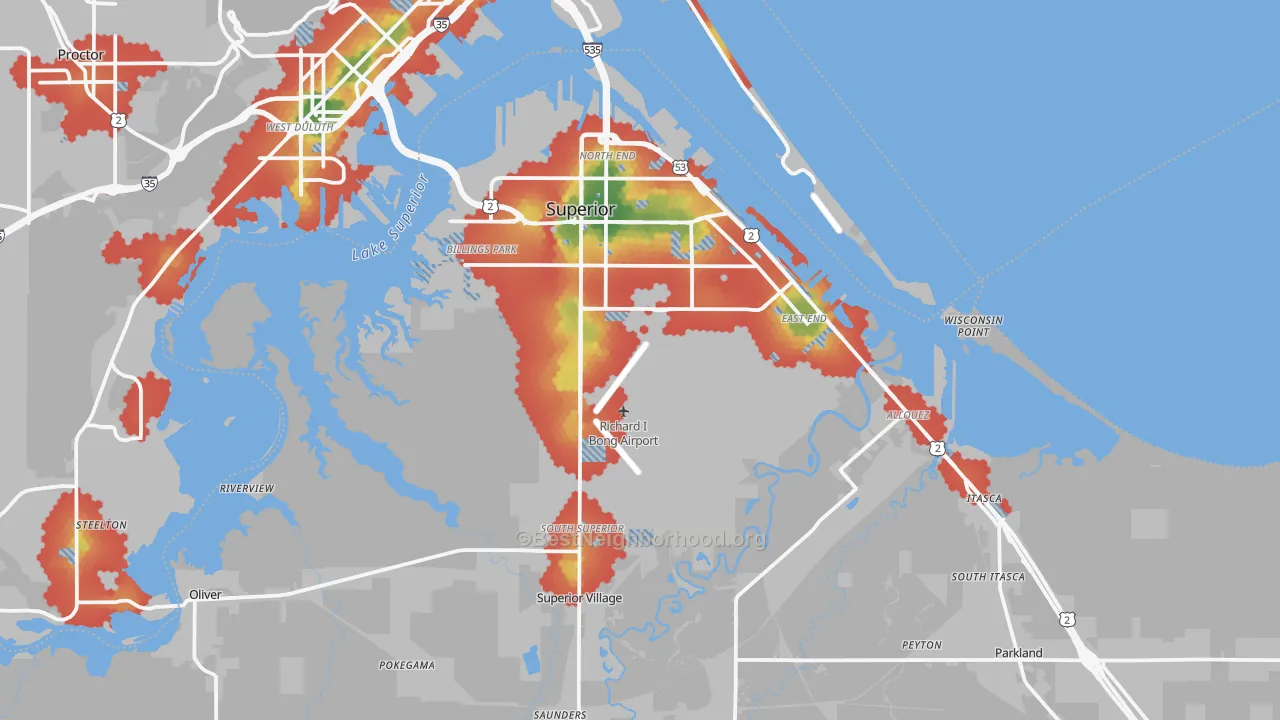 Walk Grade map of Superior, WI, walkable areas in green and car-dependent areas in red