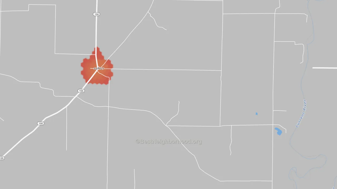 Walk Grade map of Supply, AR, walkable areas in green and car-dependent areas in red