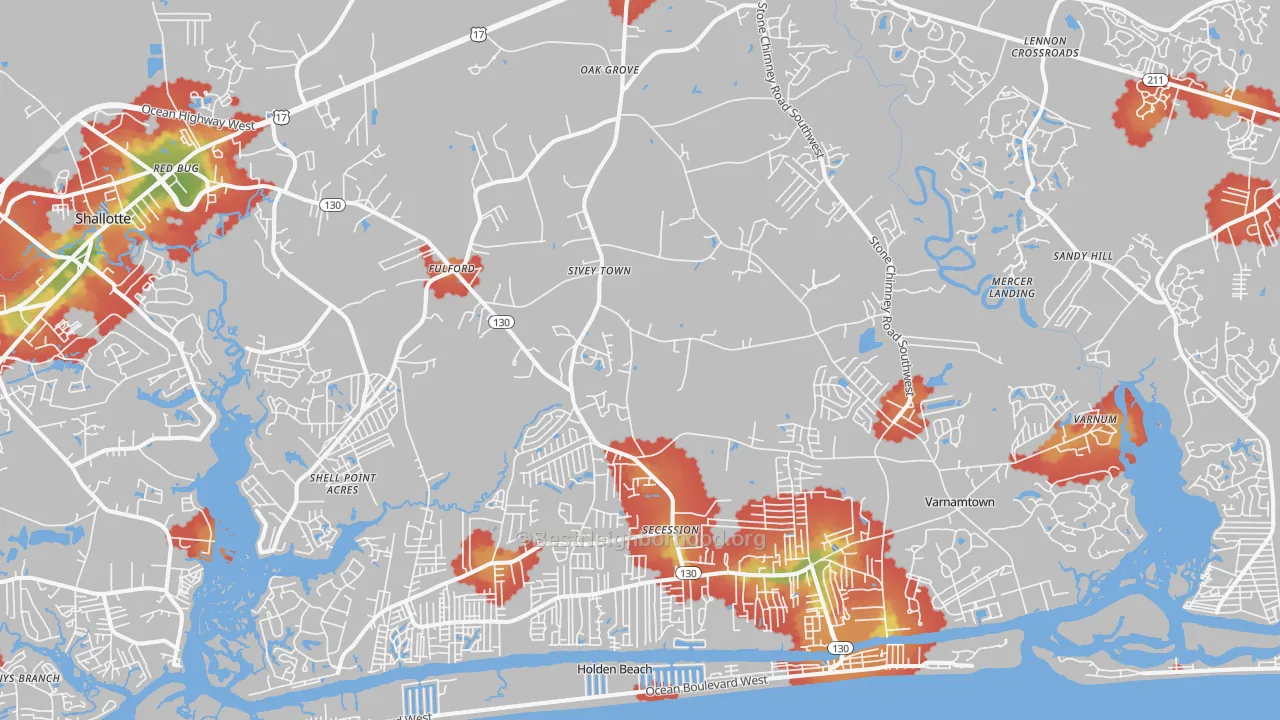 Walk Grade map of Supply, NC, walkable areas in green and car-dependent areas in red