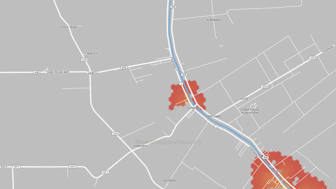 Walk Grade map of Supreme, LA, walkable areas in green and car-dependent areas in red