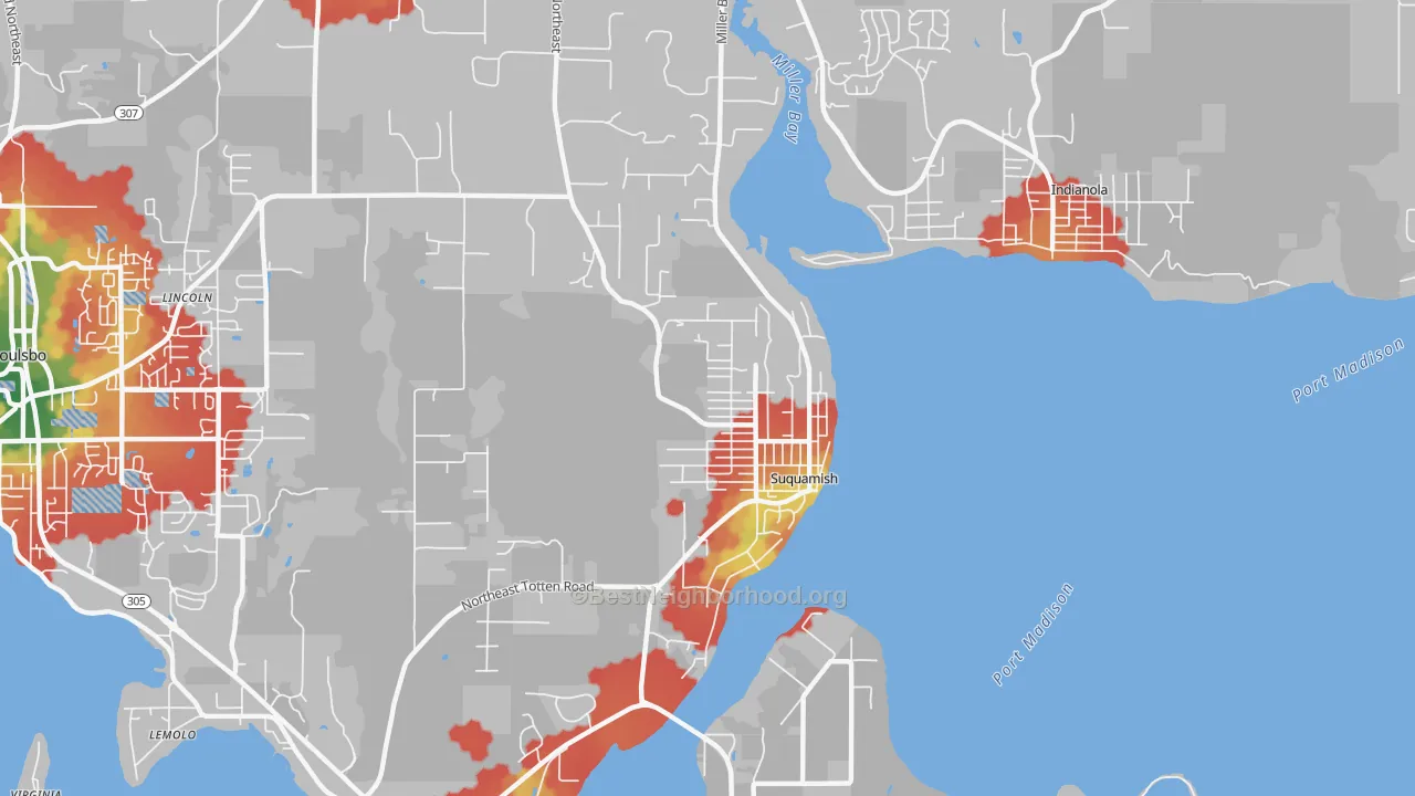 Walk Grade map of Suquamish, WA, walkable areas in green and car-dependent areas in red