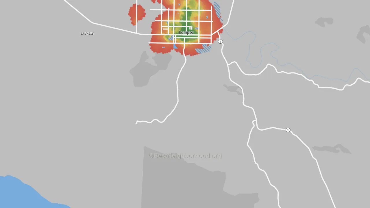 Walk Grade map of Surf, CA, walkable areas in green and car-dependent areas in red