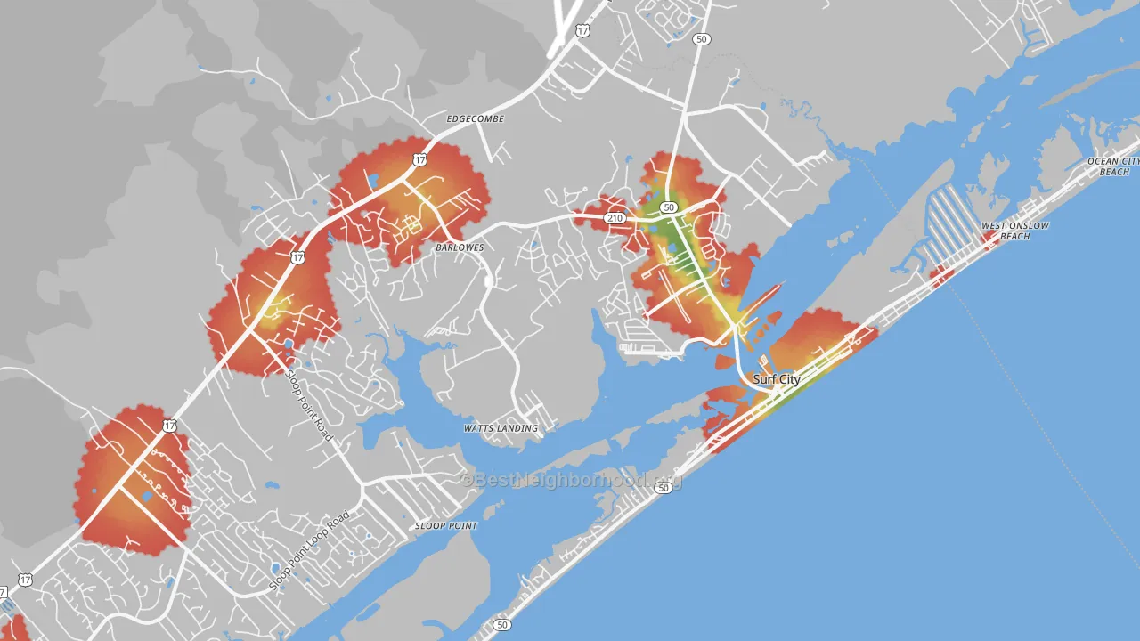Walk Grade map of Surf City, NC, walkable areas in green and car-dependent areas in red