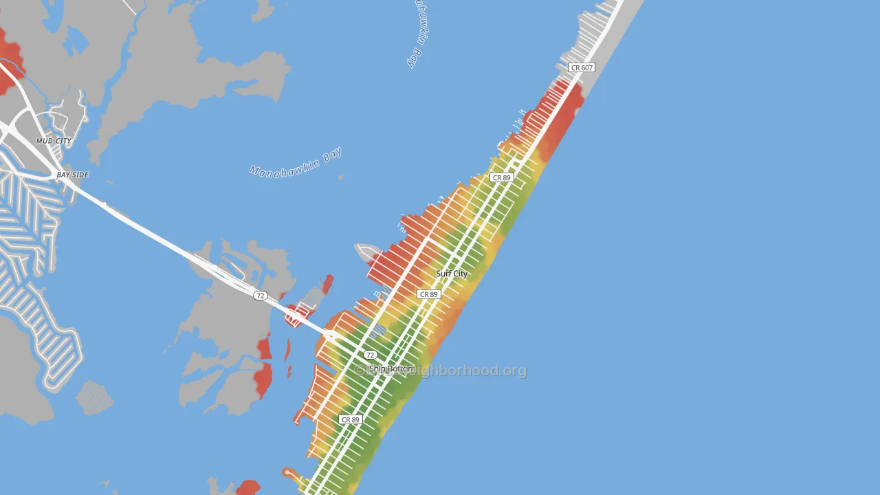 Walk Grade map of Surf City, NJ, walkable areas in green and car-dependent areas in red