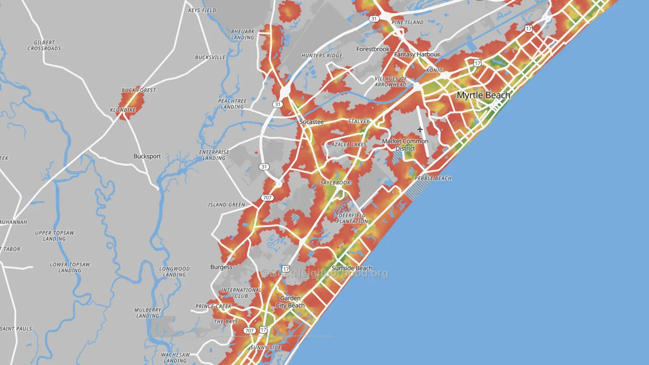 Walk Grade map of Surfside Beach, SC, walkable areas in green and car-dependent areas in red