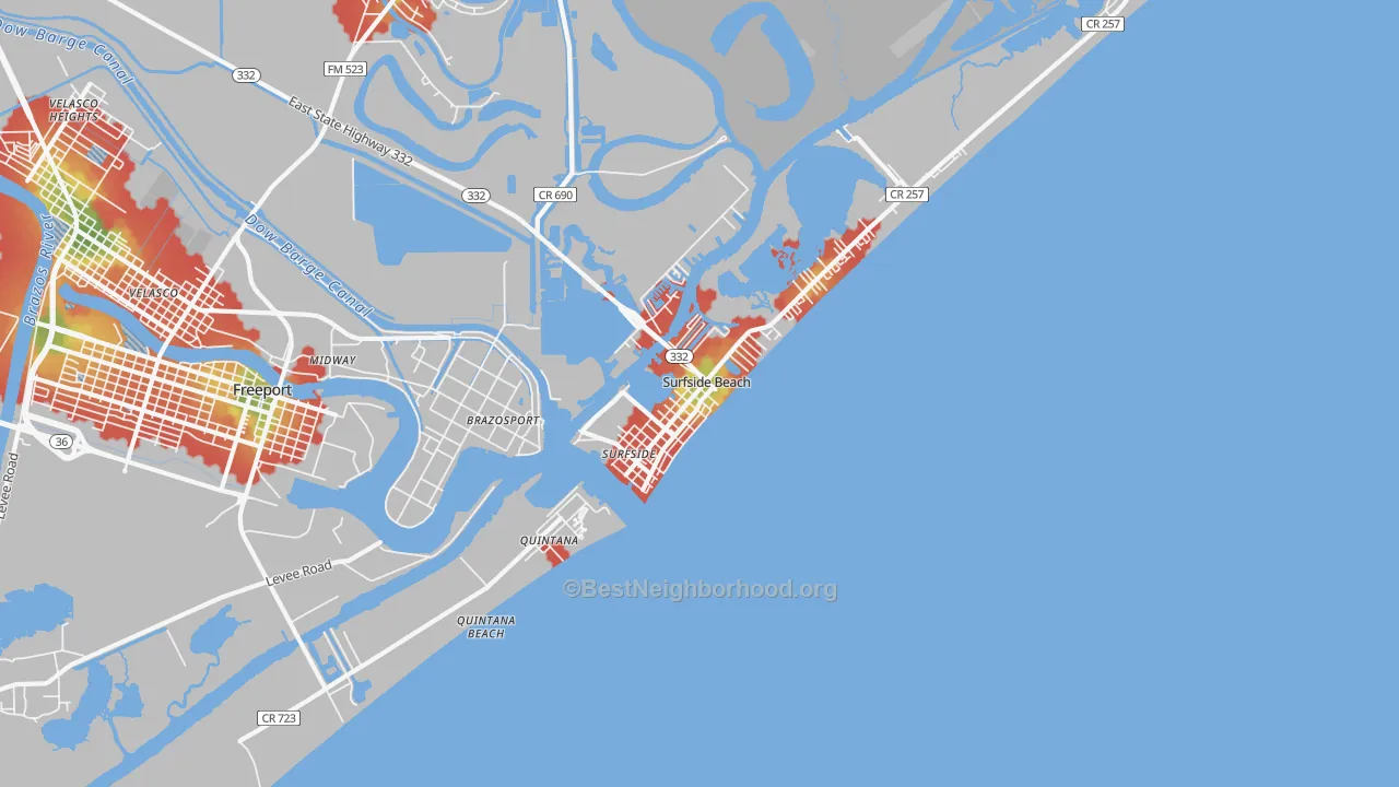 Walk Grade map of Surfside Beach, TX, walkable areas in green and car-dependent areas in red
