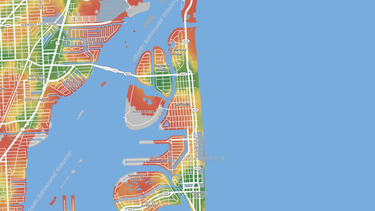 Walk Grade map of Surfside, FL, walkable areas in green and car-dependent areas in red