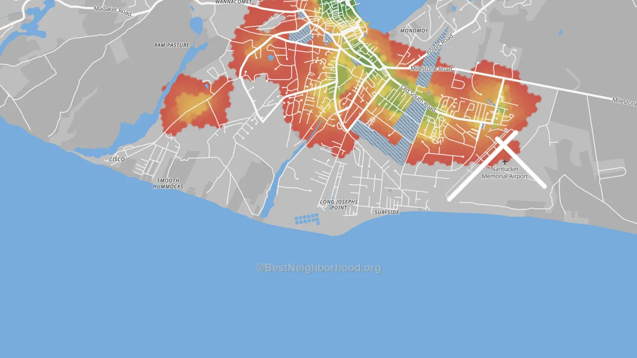 Walk Grade map of Surfside, MA, walkable areas in green and car-dependent areas in red