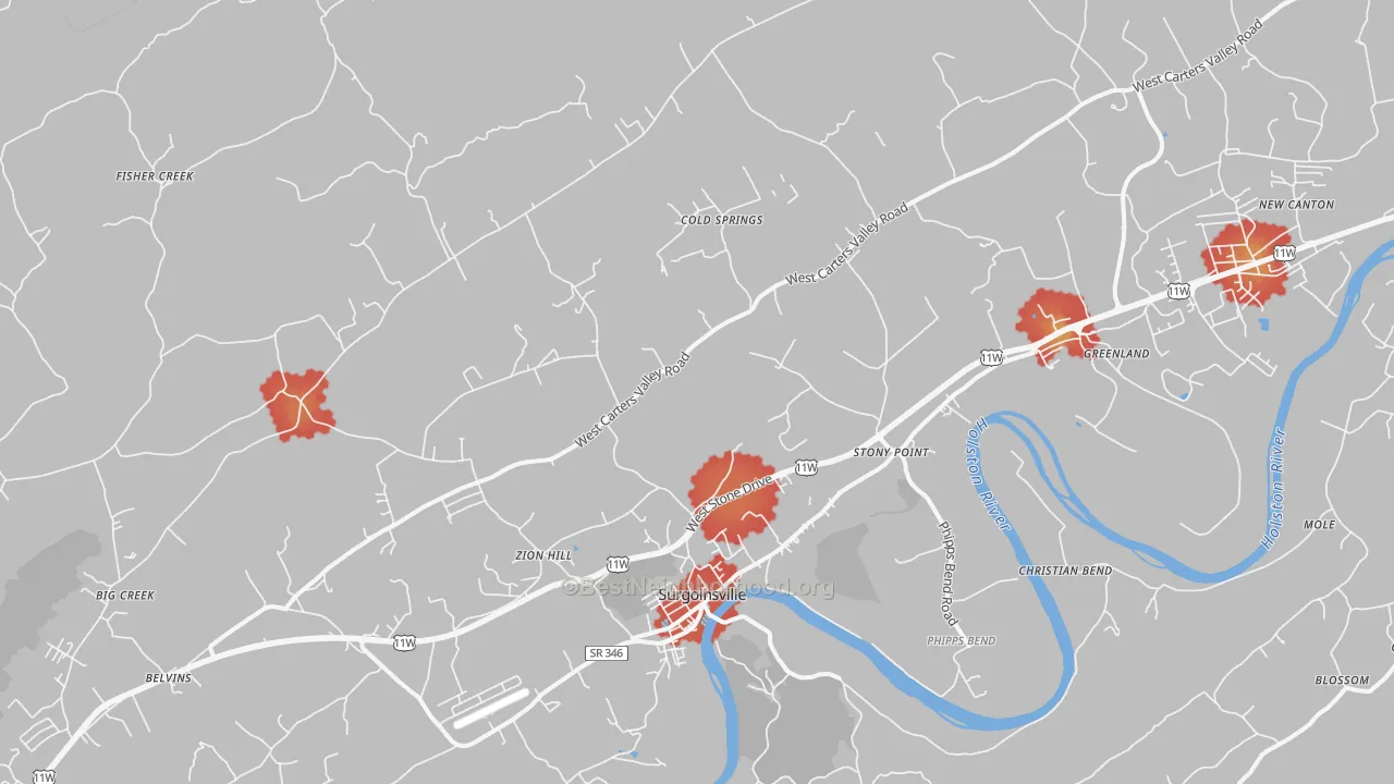 Walk Grade map of Surgoinsville, TN, walkable areas in green and car-dependent areas in red