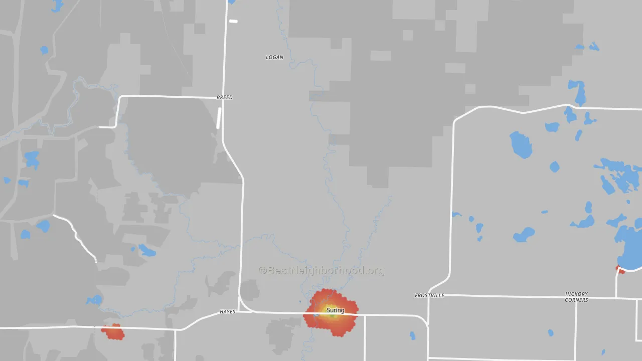 Walk Grade map of Suring, WI, walkable areas in green and car-dependent areas in red
