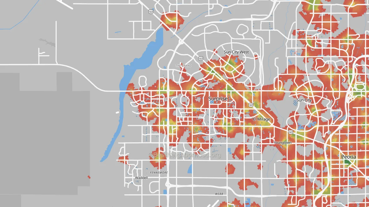 Walk Grade map of Surprise, AZ, walkable areas in green and car-dependent areas in red