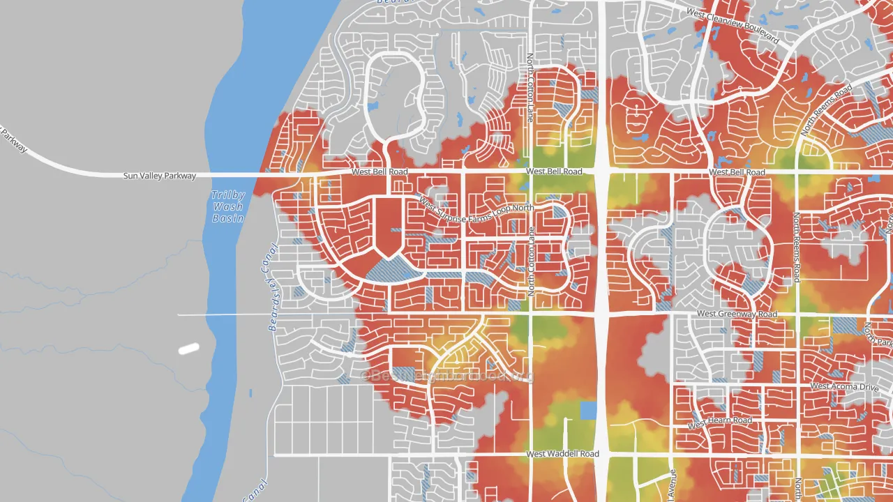 Walk Grade map of Surprise Farms, Surprise, AZ, walkable areas in green and car-dependent areas in red