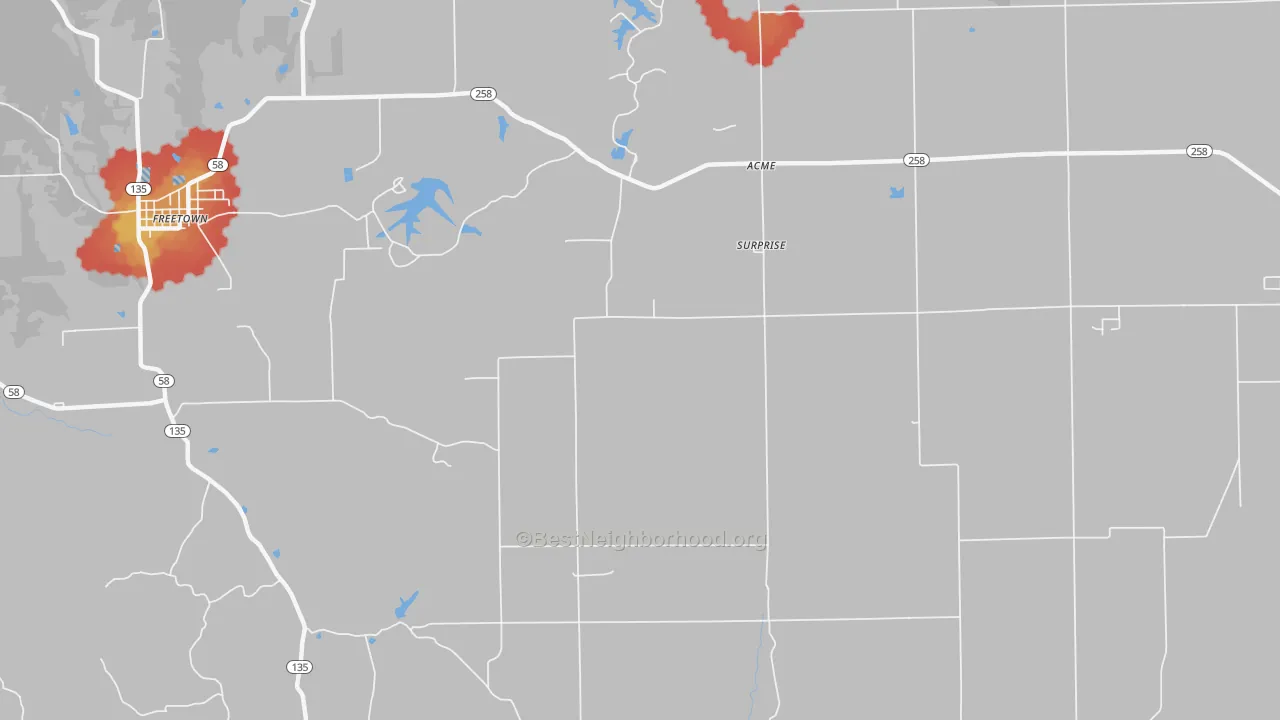 Walk Grade map of Surprise, IN, walkable areas in green and car-dependent areas in red