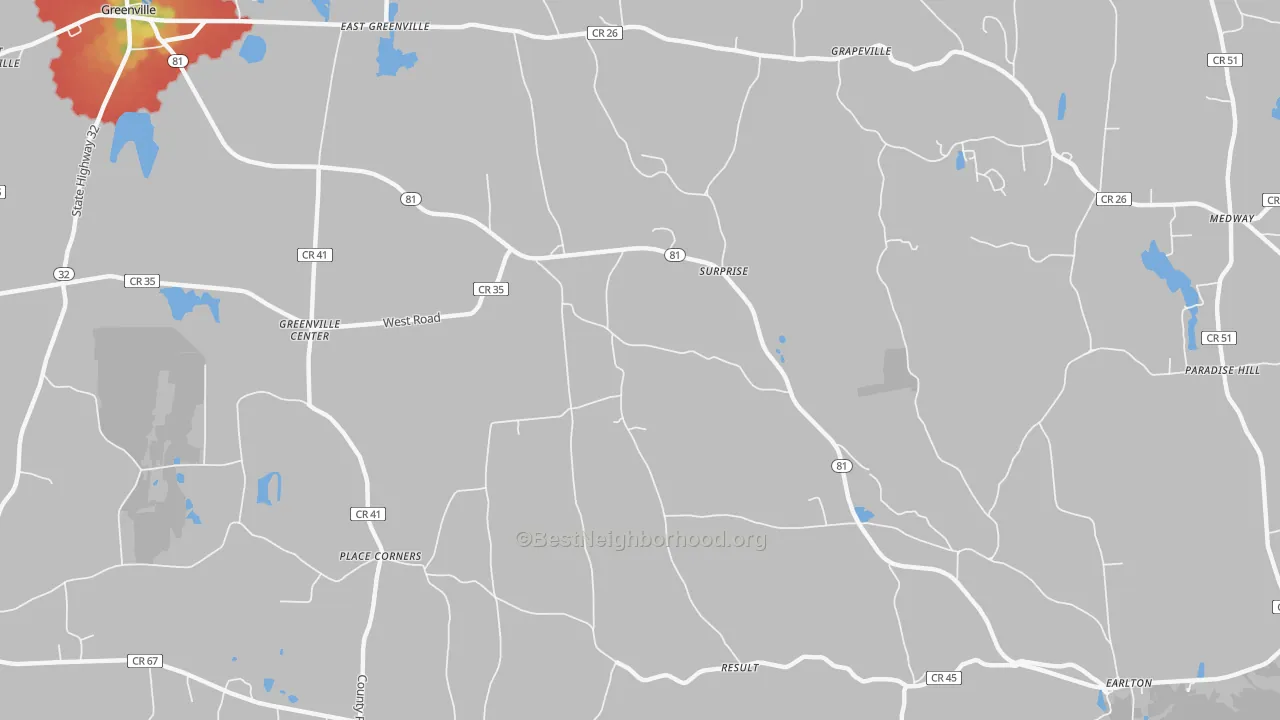 Walk Grade map of Surprise, NY, walkable areas in green and car-dependent areas in red