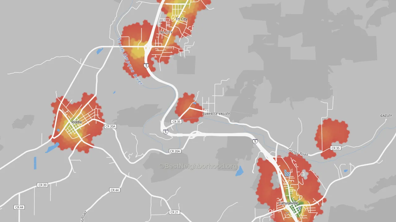 Walk Grade map of Surprise Valley, OR, walkable areas in green and car-dependent areas in red