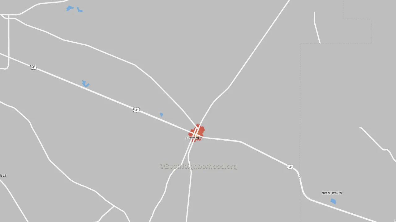 Walk Grade map of Surrency, GA, walkable areas in green and car-dependent areas in red