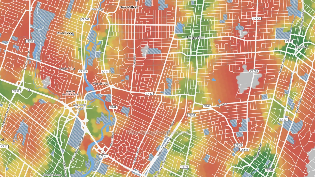 Walk Grade map of Surrey Lane, Bergenfield, NJ, walkable areas in green and car-dependent areas in red
