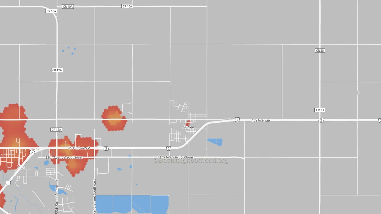 Walk Grade map of Surrey, ND, walkable areas in green and car-dependent areas in red