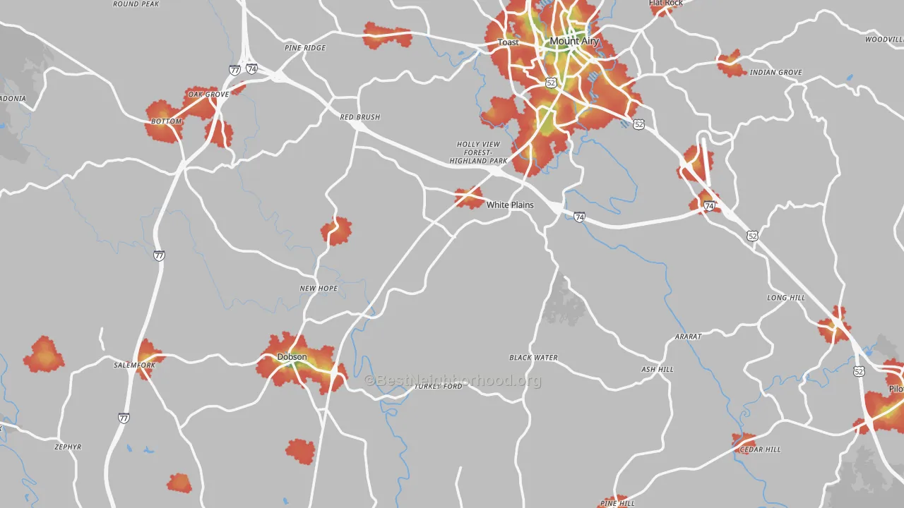 Walk Grade map of Surry County, NC, walkable areas in green and car-dependent areas in red