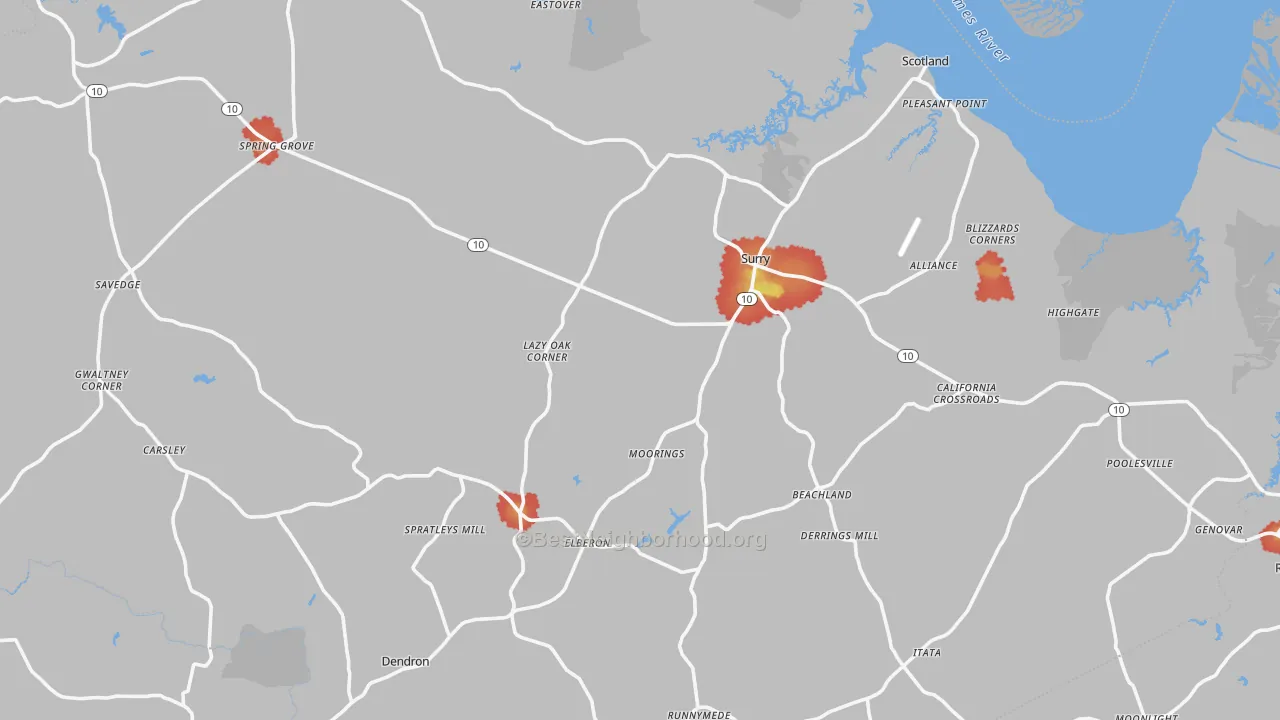 Walk Grade map of Surry County, VA, walkable areas in green and car-dependent areas in red