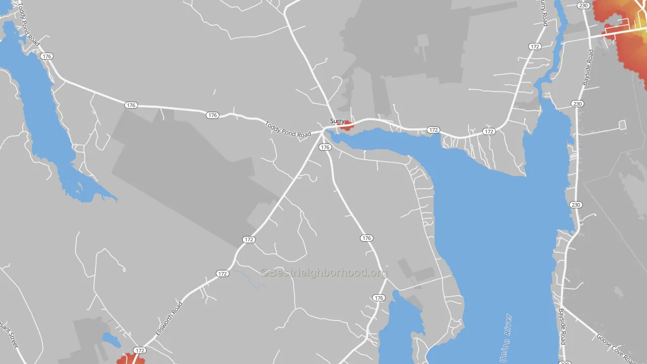 Walk Grade map of Surry, ME, walkable areas in green and car-dependent areas in red