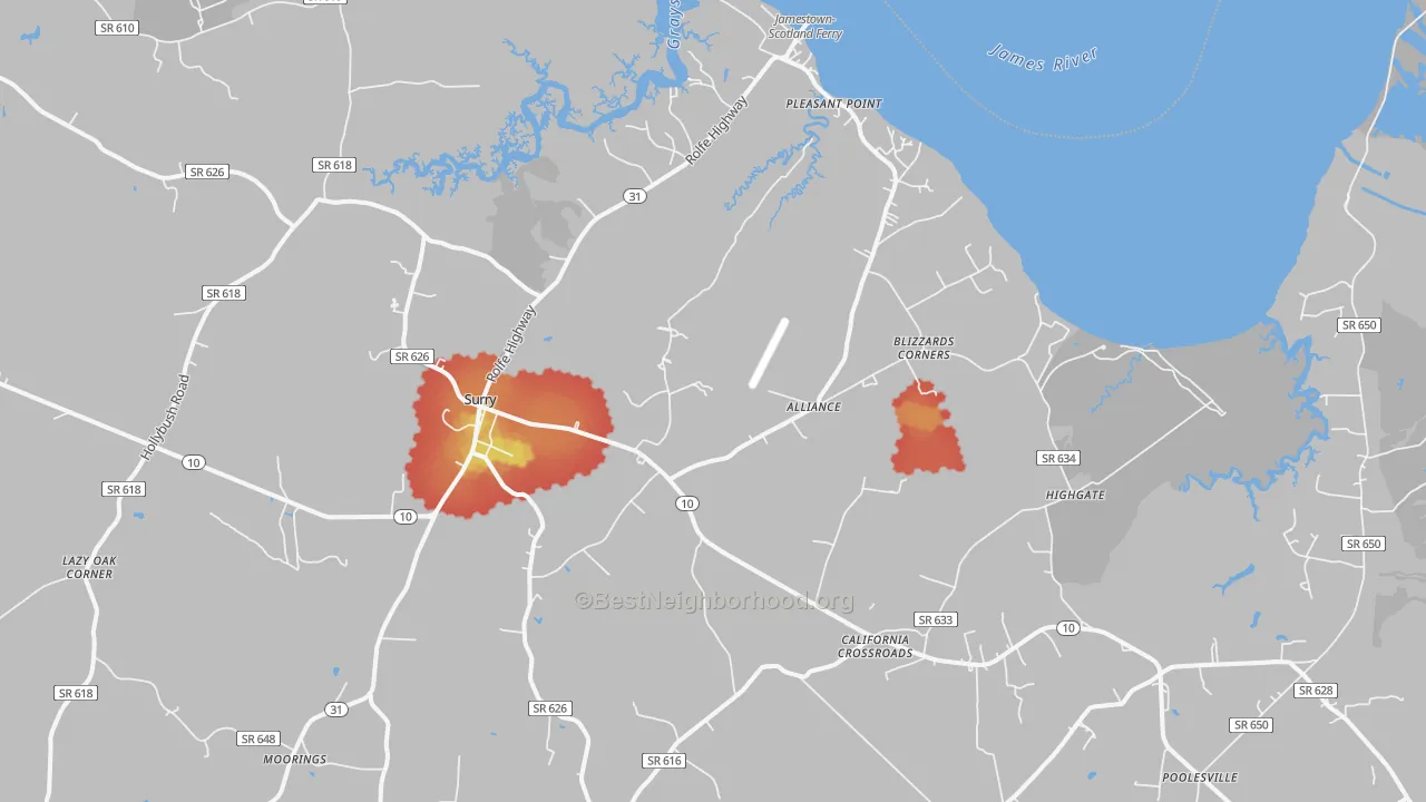 Walk Grade map of Surry, VA, walkable areas in green and car-dependent areas in red