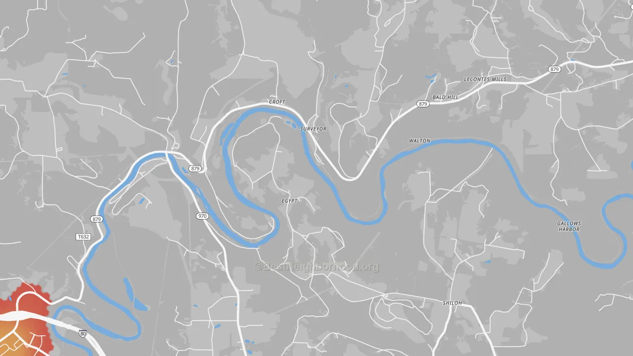 Walk Grade map of Surveyor, PA, walkable areas in green and car-dependent areas in red