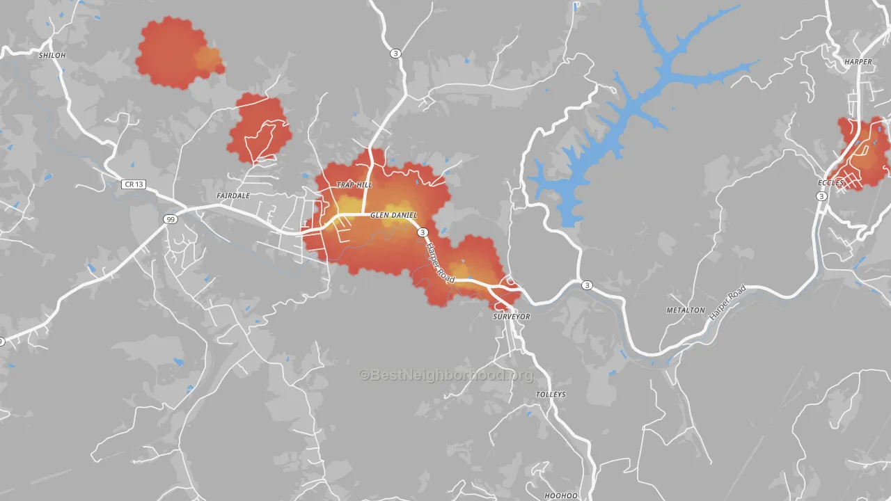 Walk Grade map of Surveyor, WV, walkable areas in green and car-dependent areas in red