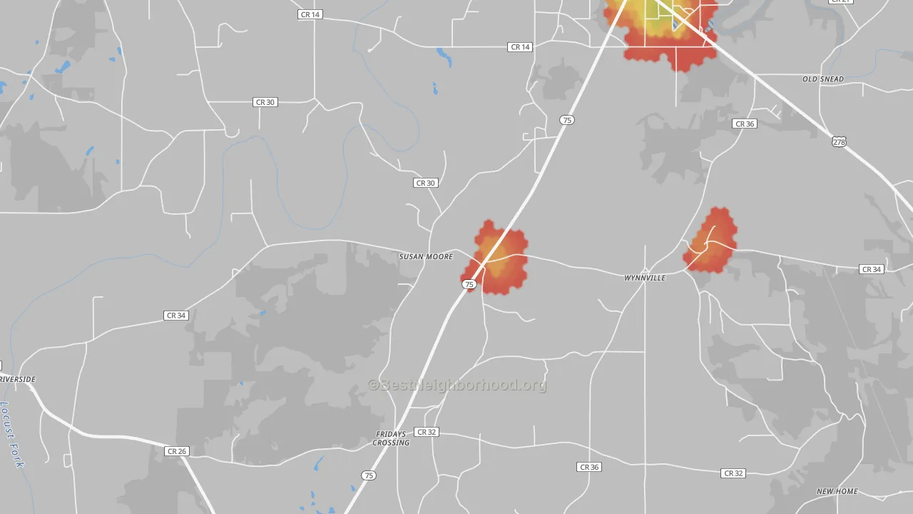 Walk Grade map of Susan Moore, AL, walkable areas in green and car-dependent areas in red