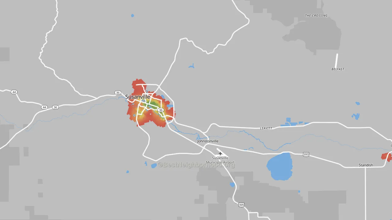 Walk Grade map of Susanville, CA, walkable areas in green and car-dependent areas in red