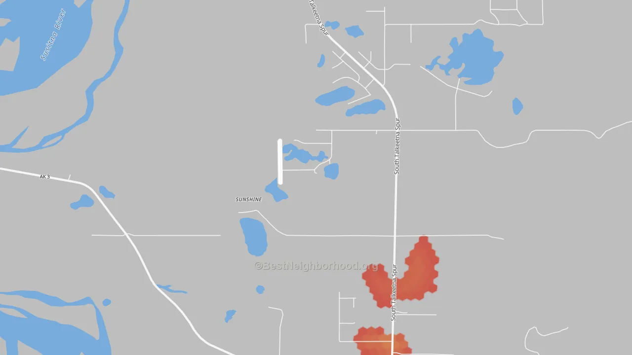 Walk Grade map of Susitna North, AK, walkable areas in green and car-dependent areas in red