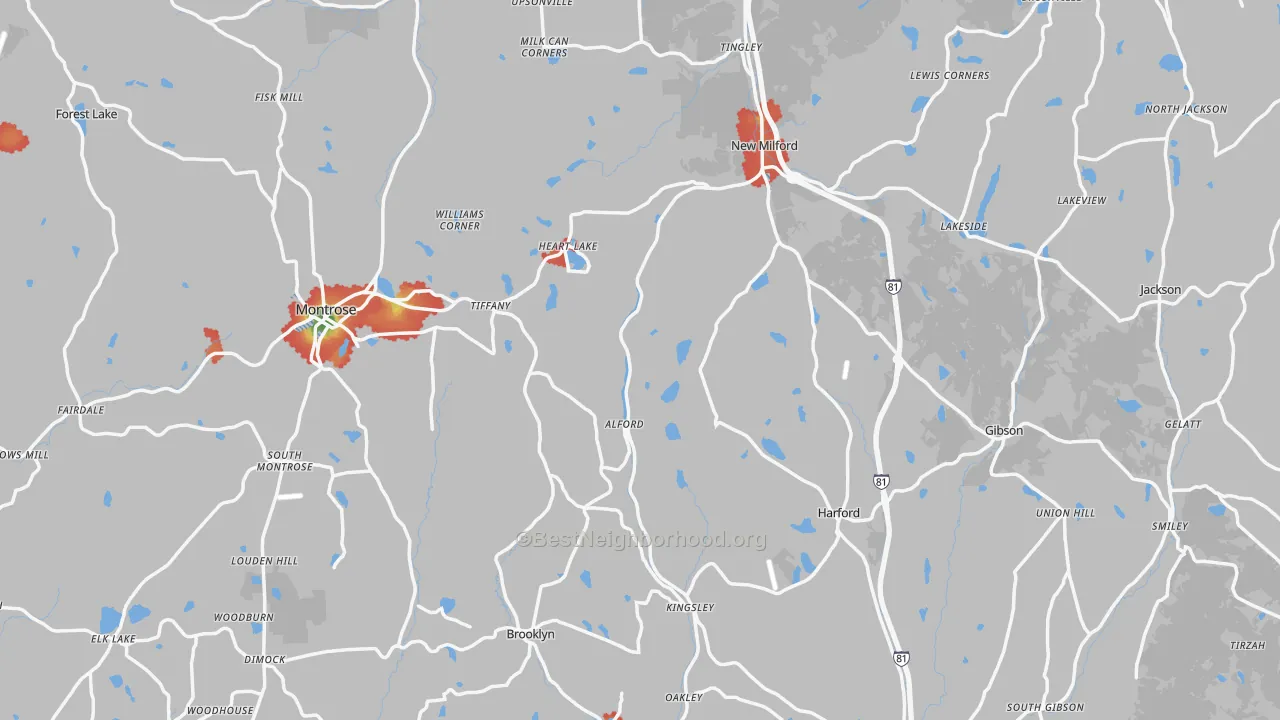 Walk Grade map of Susquehanna County, PA, walkable areas in green and car-dependent areas in red