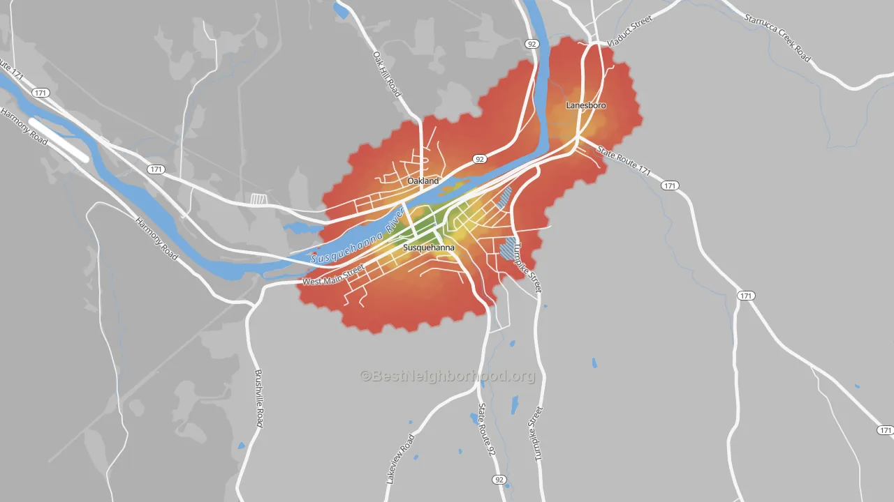 Walk Grade map of Susquehanna Depot, PA, walkable areas in green and car-dependent areas in red