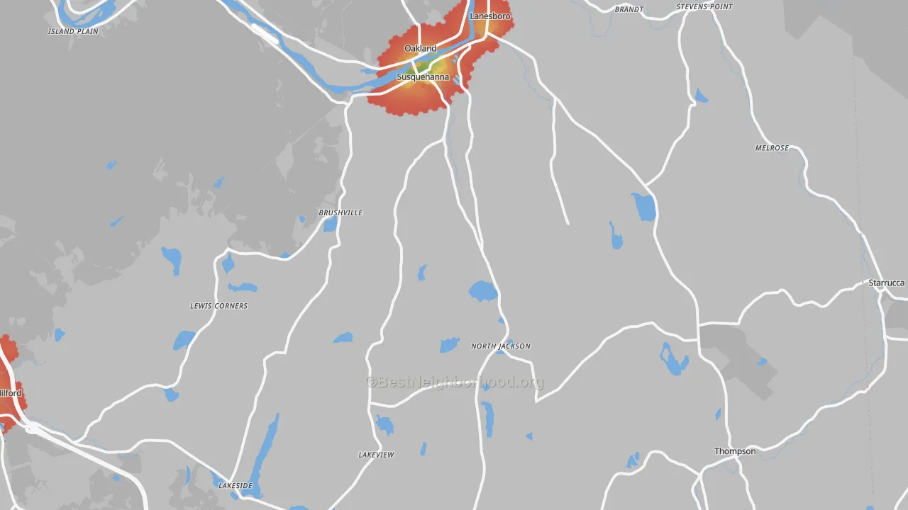 Walk Grade map of Susquehanna, PA, walkable areas in green and car-dependent areas in red