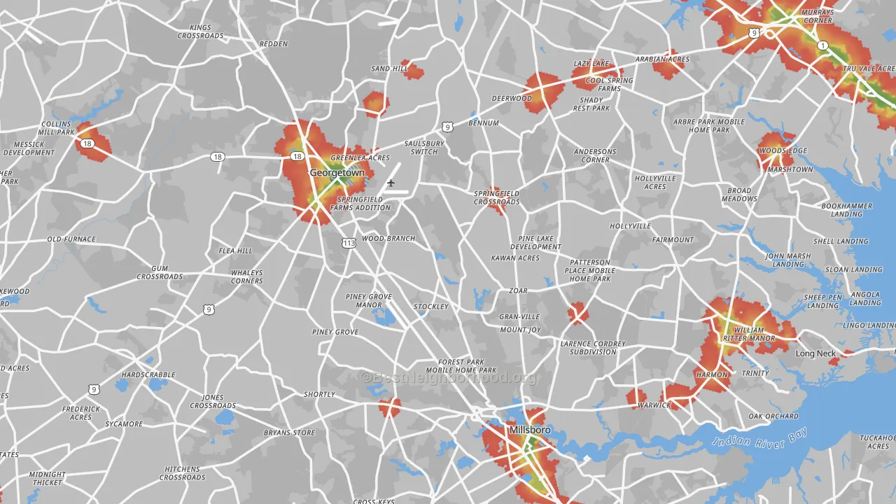 Walk Grade map of Sussex County, DE, walkable areas in green and car-dependent areas in red