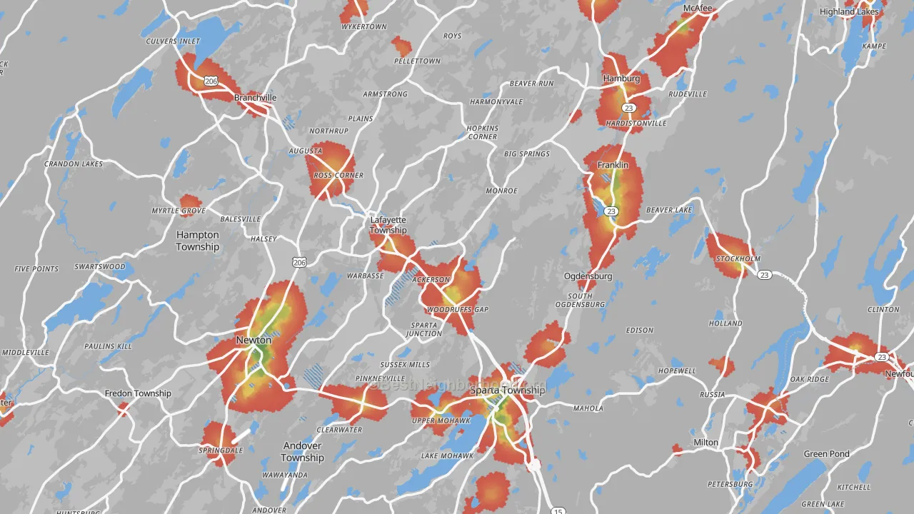 Walk Grade map of Sussex County, NJ, walkable areas in green and car-dependent areas in red