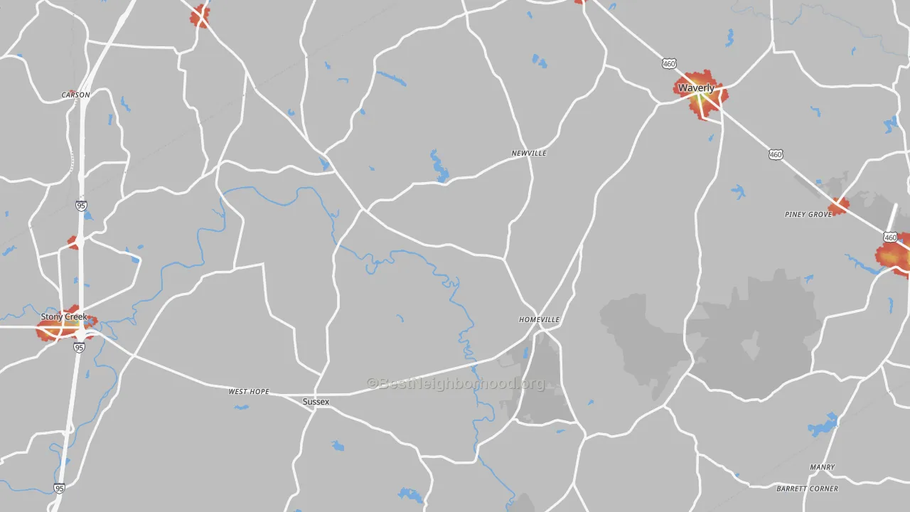 Walk Grade map of Sussex County, VA, walkable areas in green and car-dependent areas in red