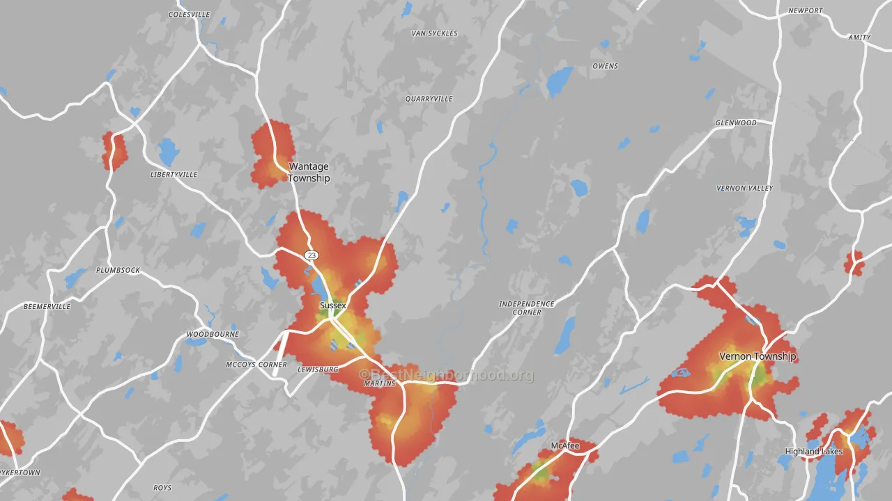 Walk Grade map of Sussex, NJ, walkable areas in green and car-dependent areas in red