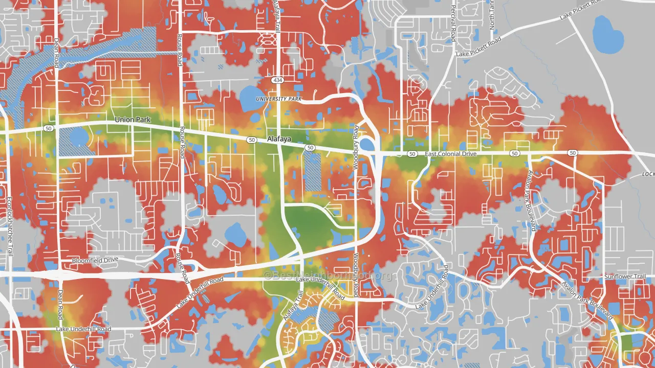 Walk Grade map of Sussex Place, Alafaya, FL, walkable areas in green and car-dependent areas in red