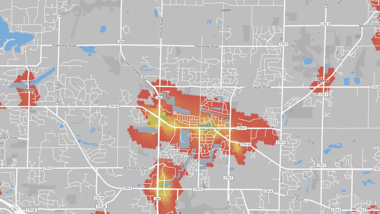 Walk Grade map of Sussex, WI, walkable areas in green and car-dependent areas in red