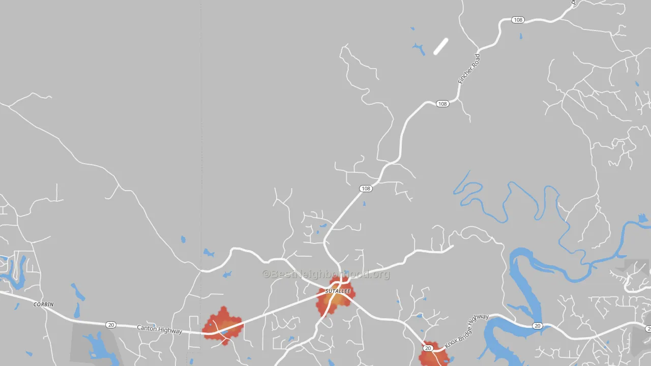 Walk Grade map of Sutallee, GA, walkable areas in green and car-dependent areas in red