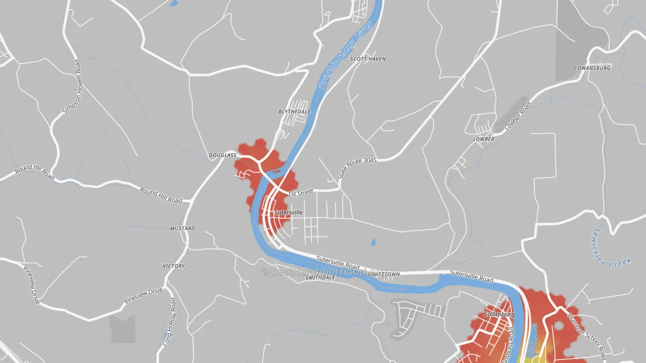 Walk Grade map of Sutersville, PA, walkable areas in green and car-dependent areas in red