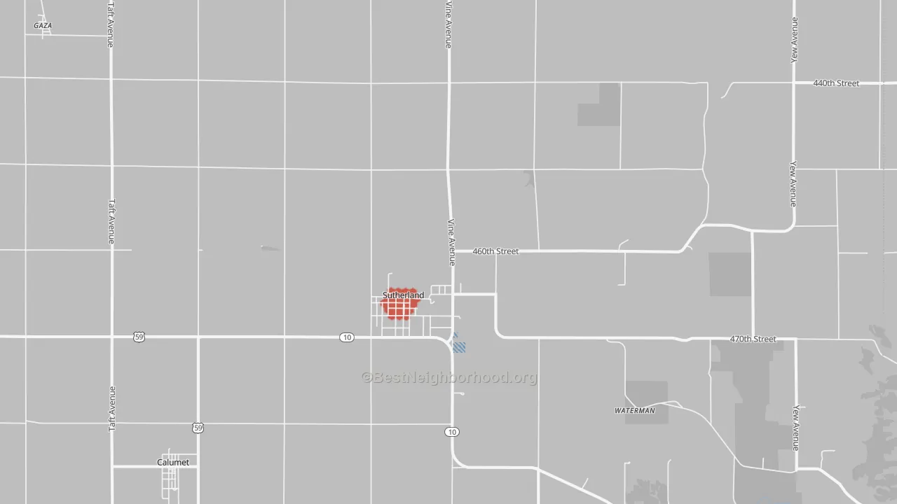 Walk Grade map of Sutherland, IA, walkable areas in green and car-dependent areas in red