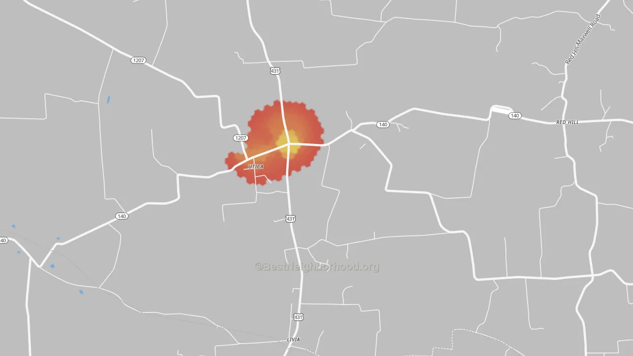 Walk Grade map of Sutherland, KY, walkable areas in green and car-dependent areas in red