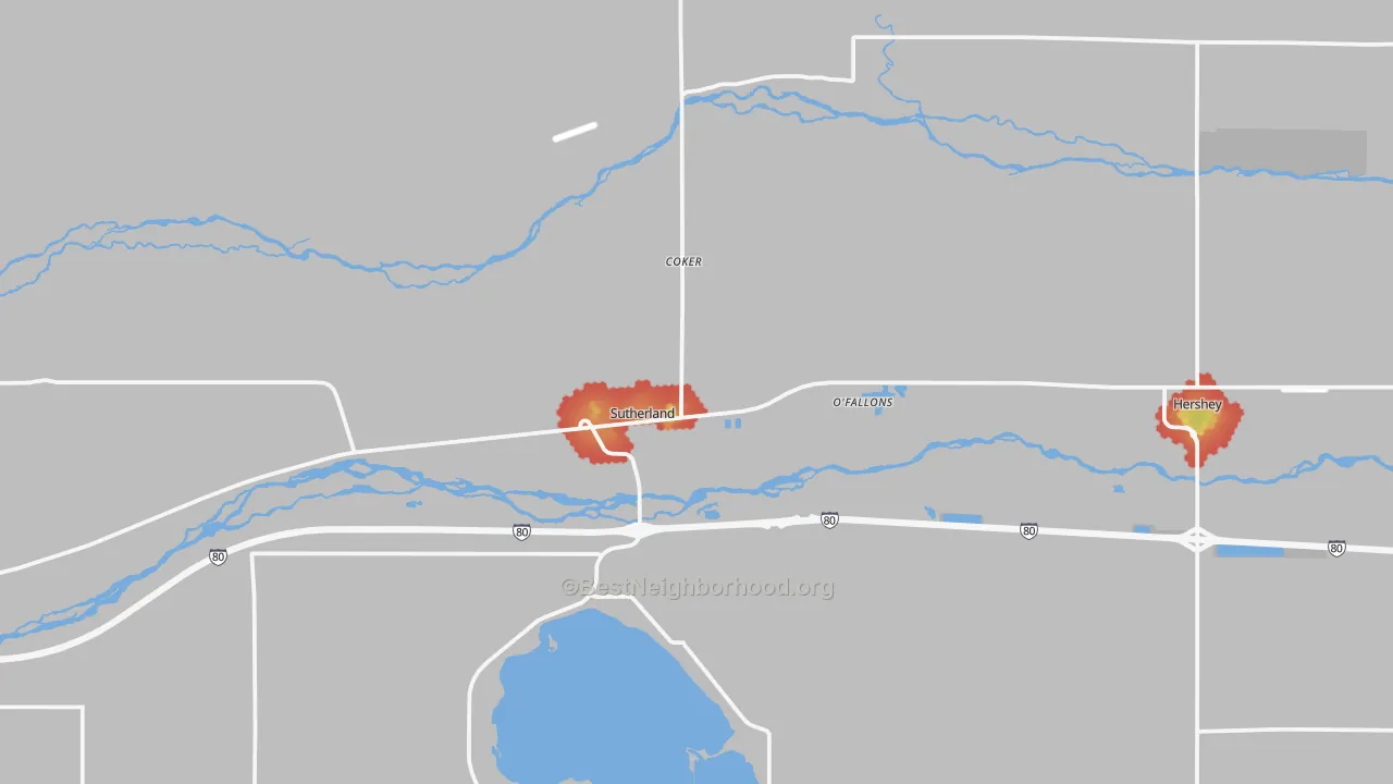 Walk Grade map of Sutherland, NE, walkable areas in green and car-dependent areas in red