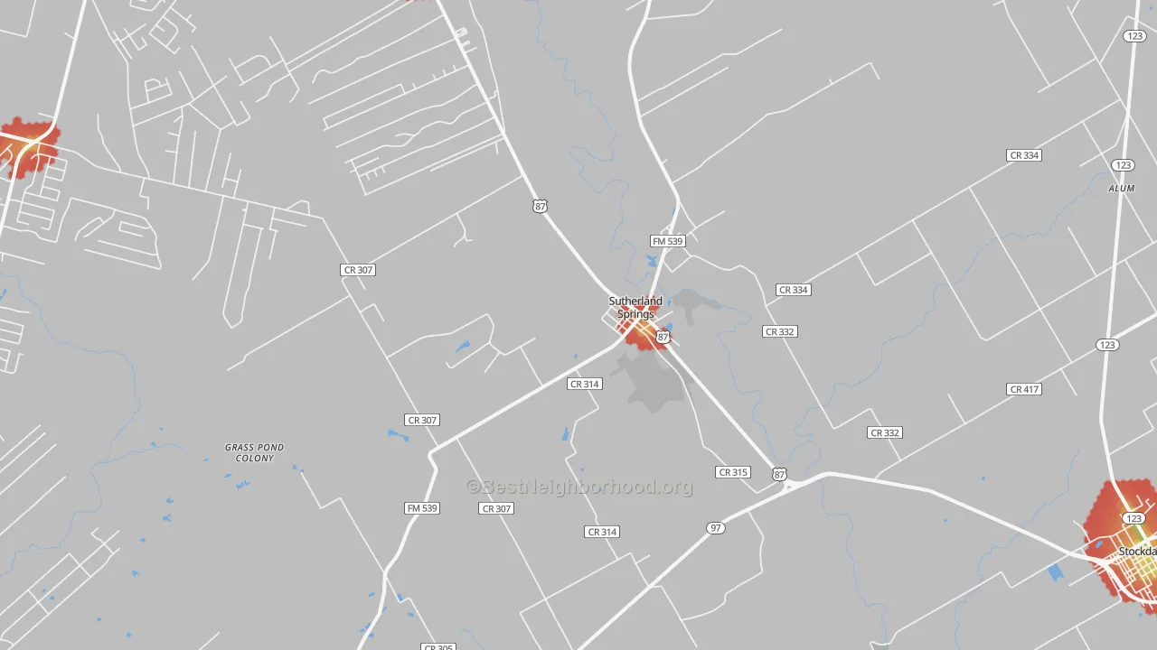 Walk Grade map of Sutherland Springs, TX, walkable areas in green and car-dependent areas in red
