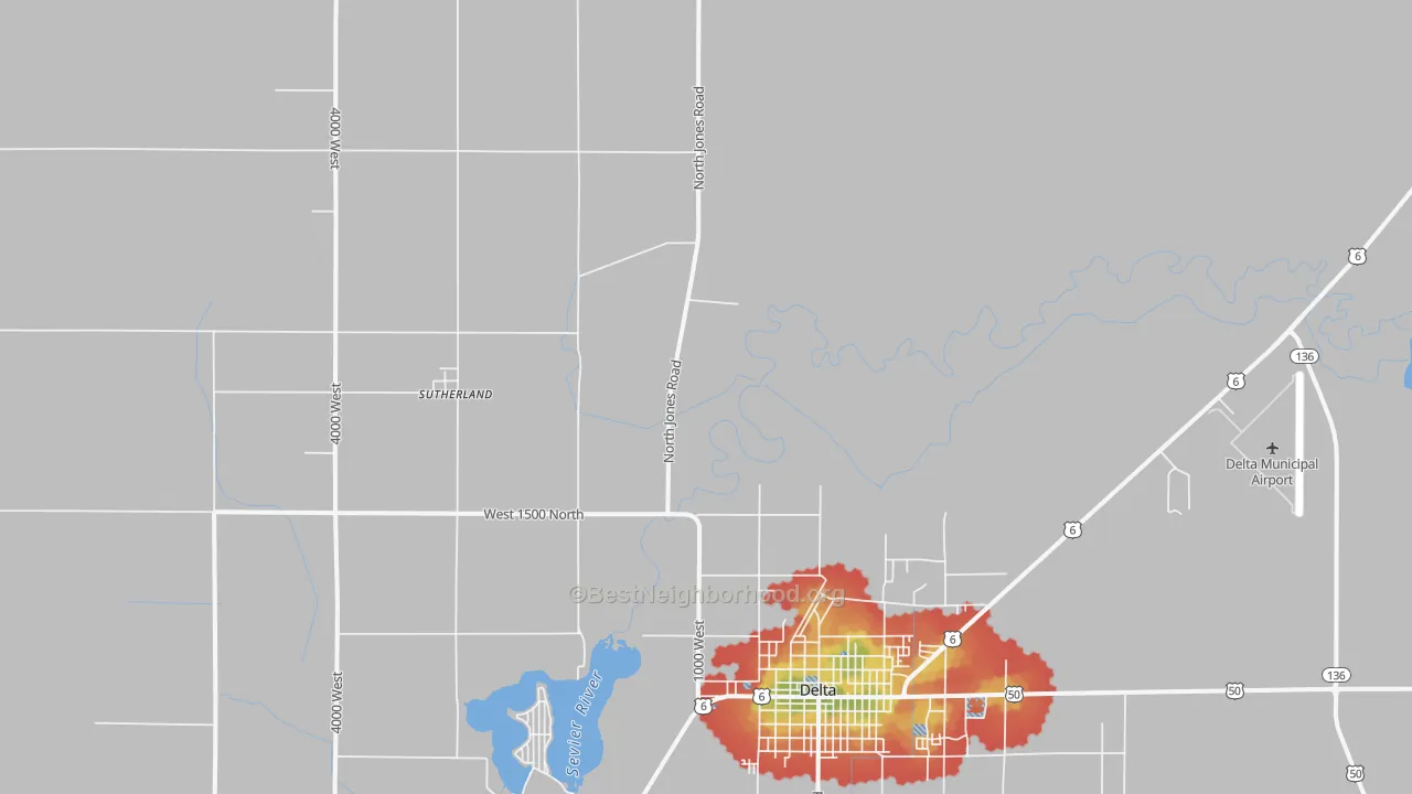 Walk Grade map of Sutherland, UT, walkable areas in green and car-dependent areas in red