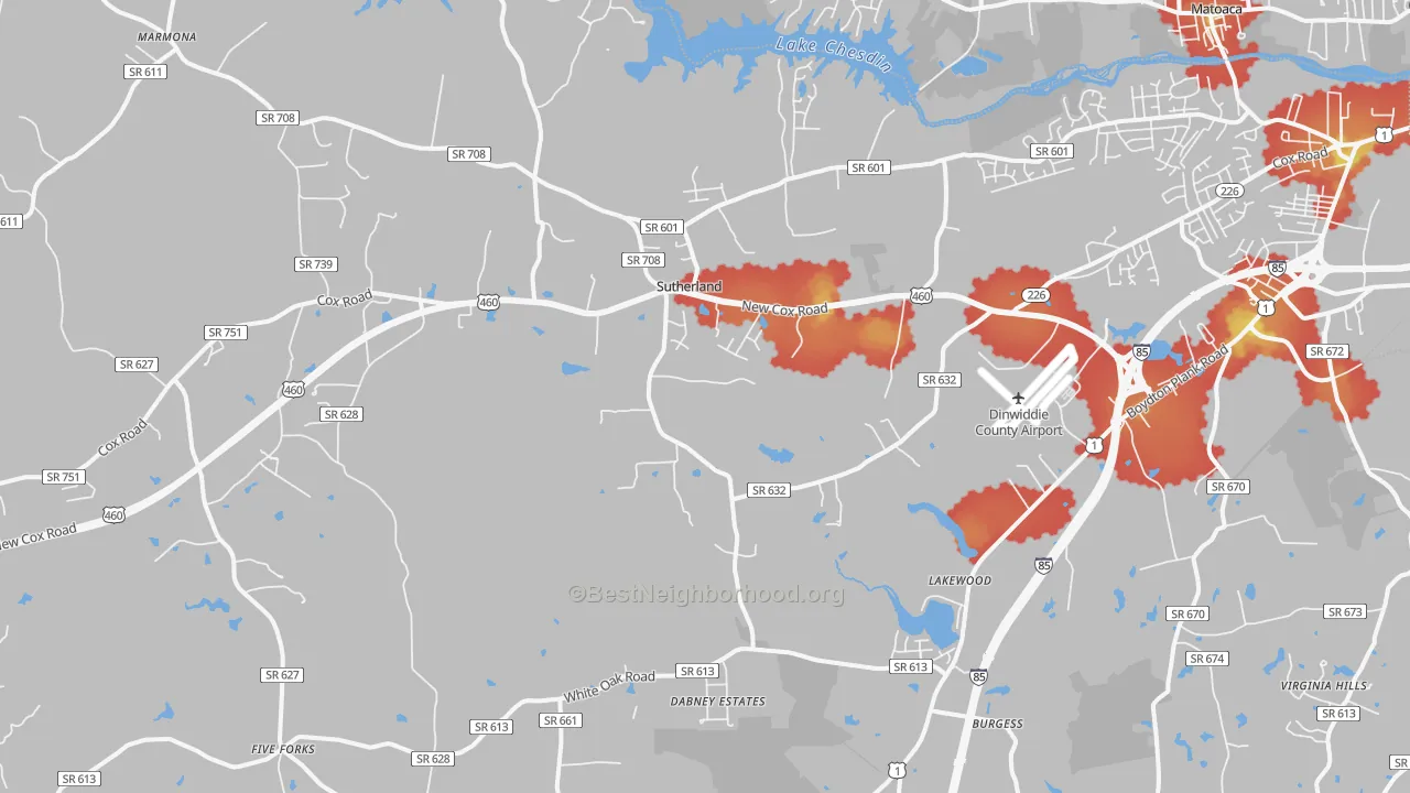 Walk Grade map of Sutherland, VA, walkable areas in green and car-dependent areas in red