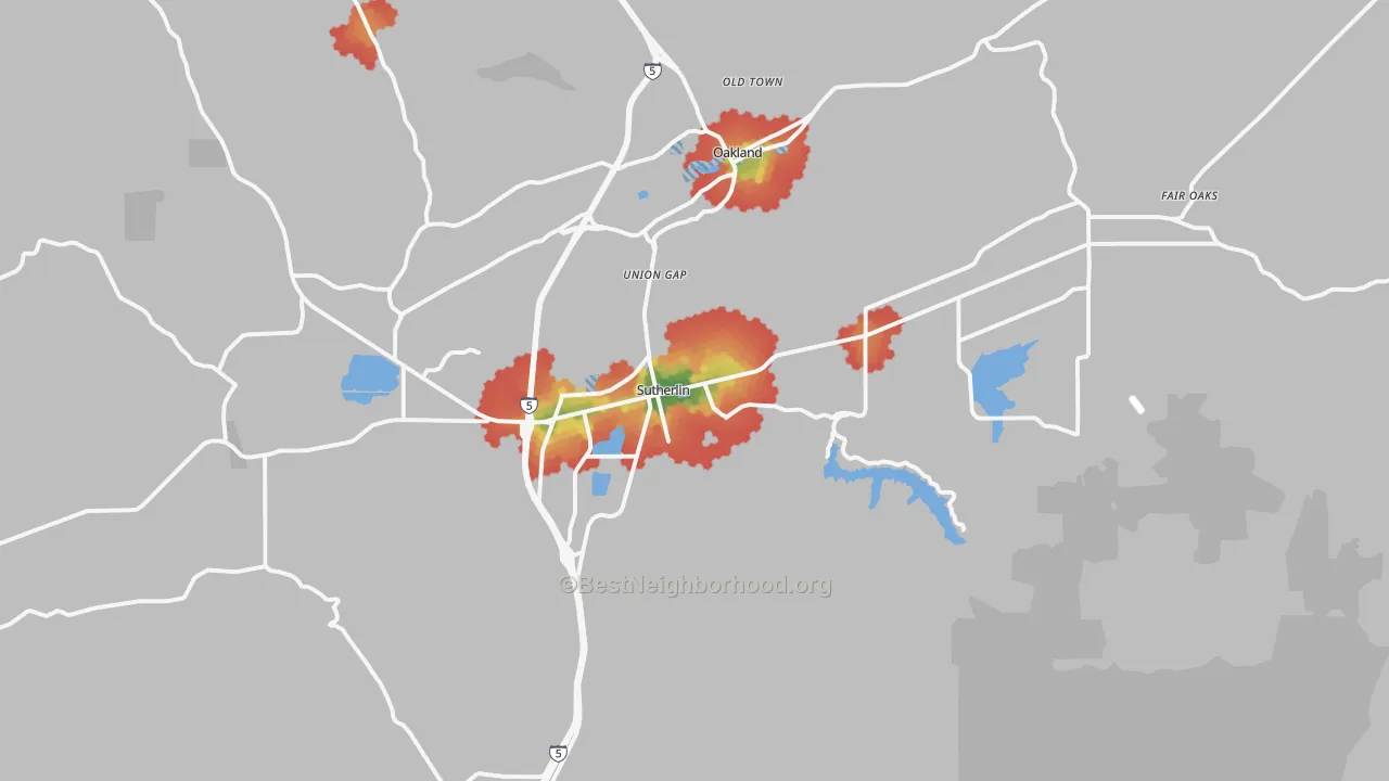 Walk Grade map of Sutherlin, OR, walkable areas in green and car-dependent areas in red